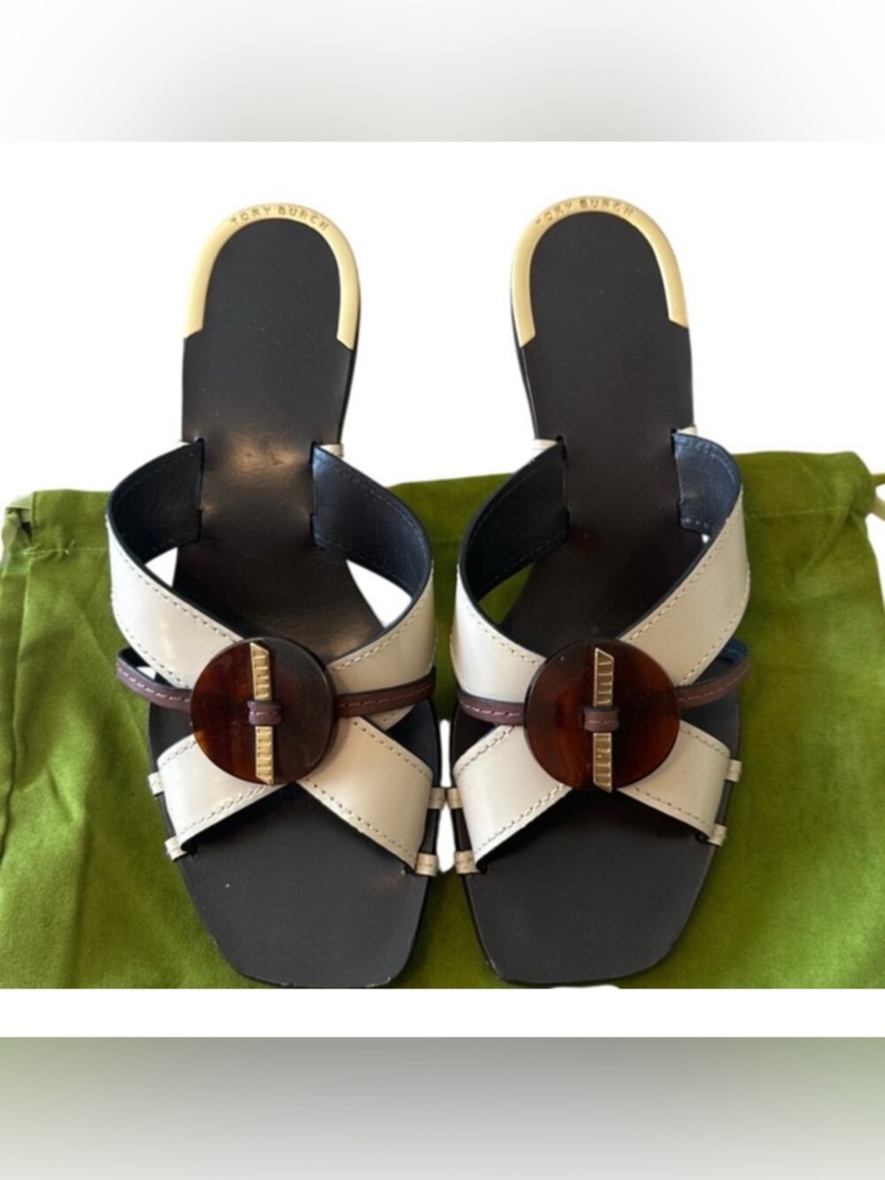 Tory Burch Knotted Mule Sandals Cream T Moro Heel 9